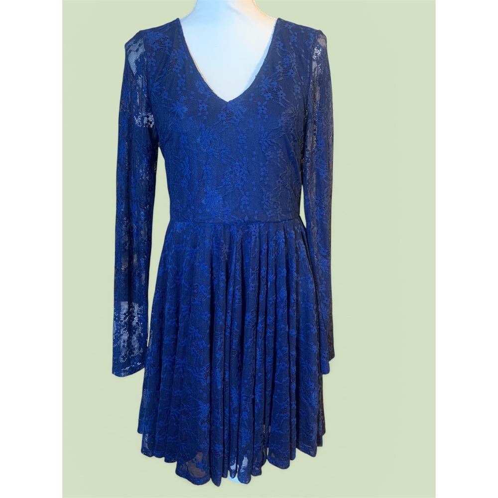 Altar'd State Navy‎ Blue Lace Long Sleeve Open Back Bow Mini Dress coquette Girl
